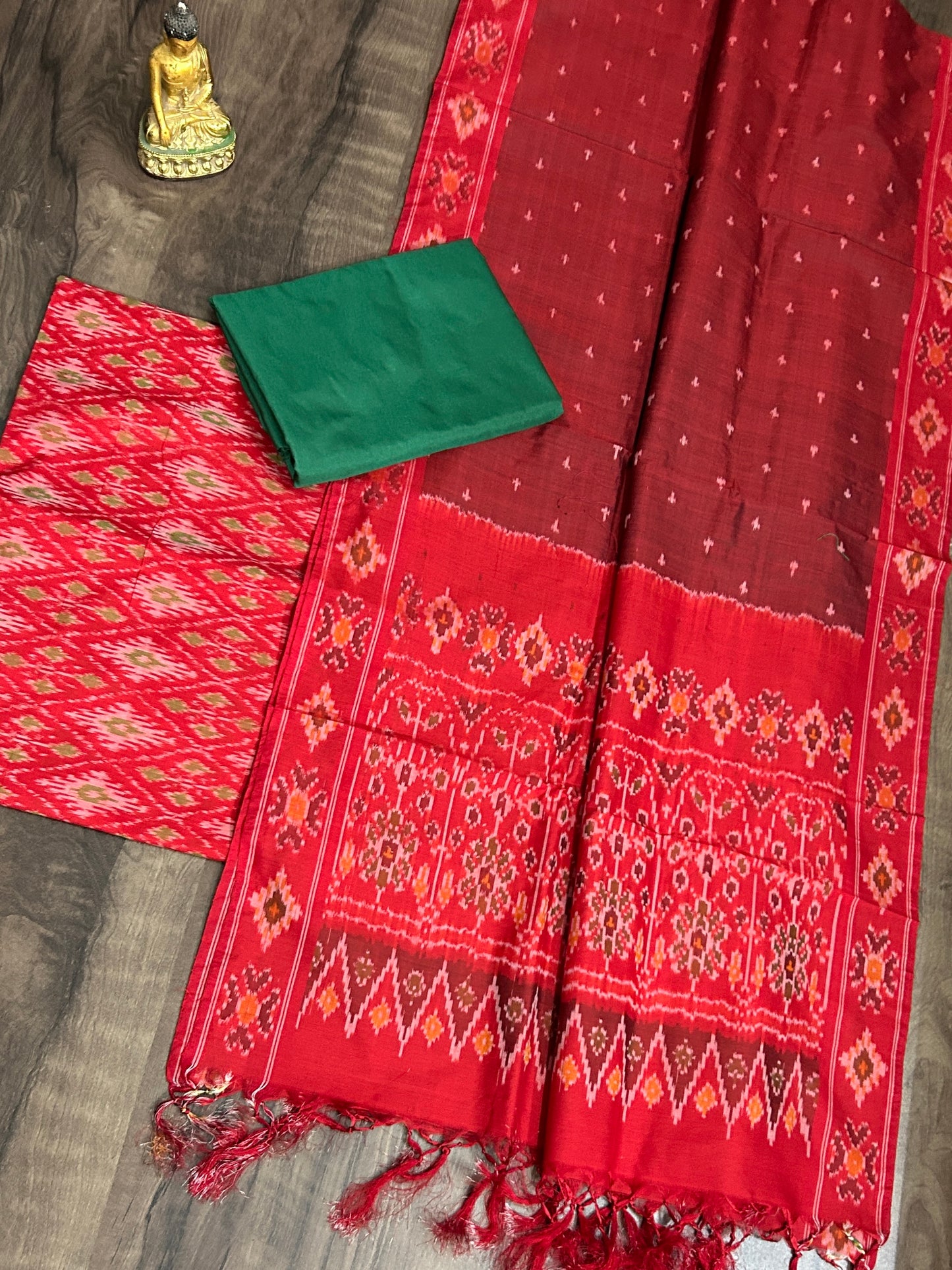 Red Green Ikat Handloom Pure Silk Cotton Dress Material *