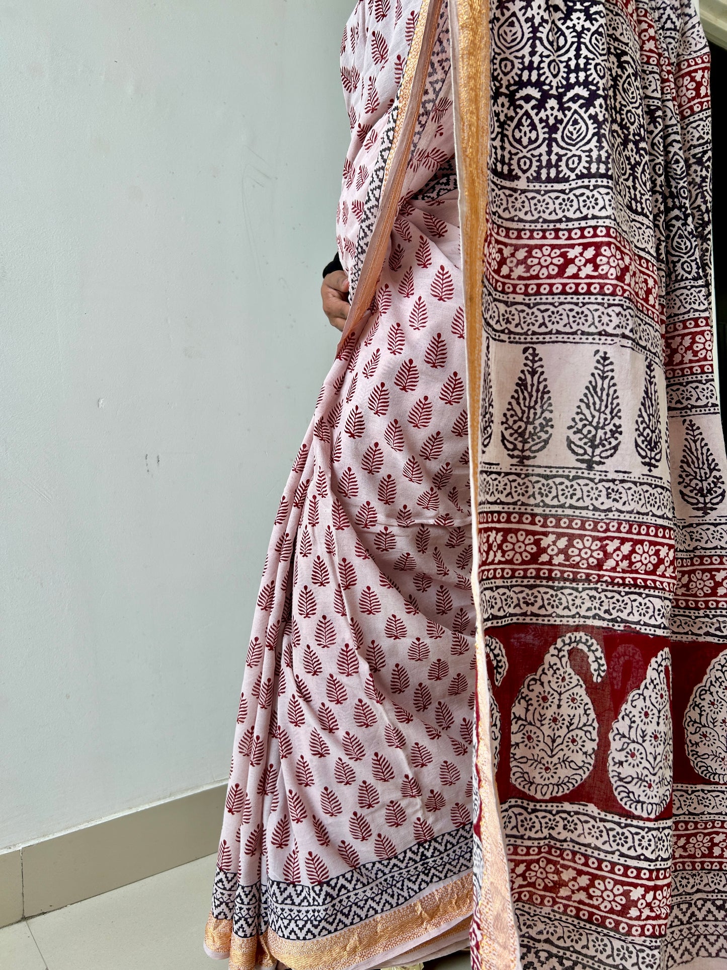 Bagh Print Cotton Saree with zari Border