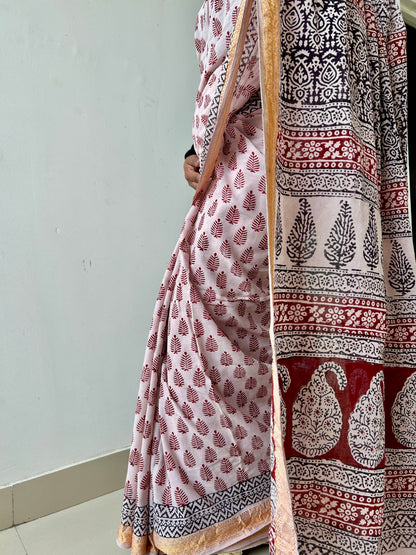 Bagh Print Cotton Saree with zari Border