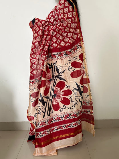 Hand BlockPrint Maheshwari Silk Saree with Golden Blouse