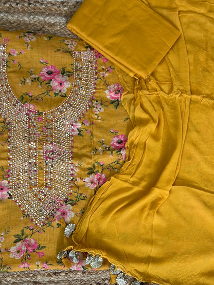 Linen Cotton Floral Print Dress Material with Handwork