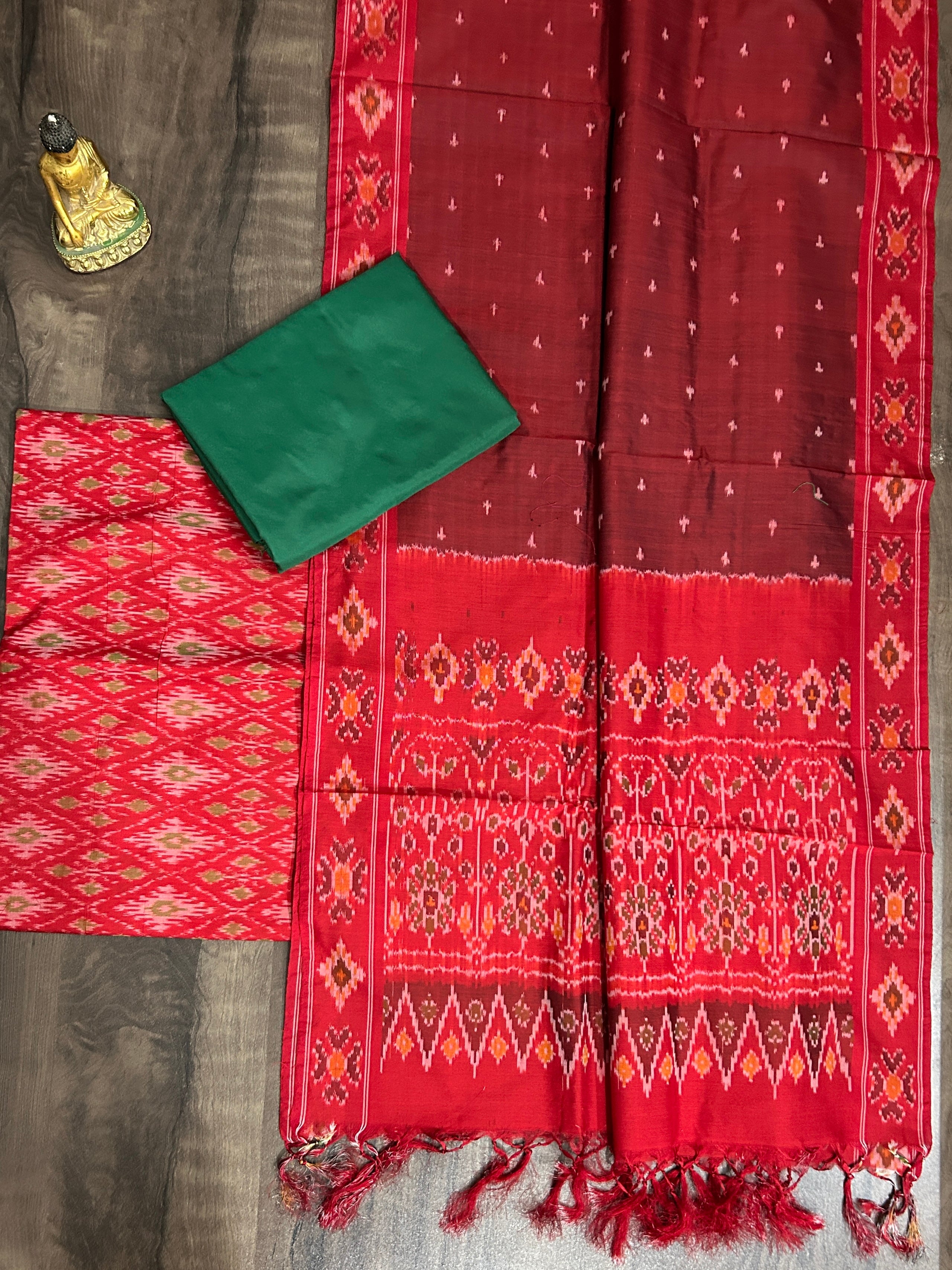 Red Green Ikat Handloom Pure Silk Cotton Dress Material RKG SHOPPING