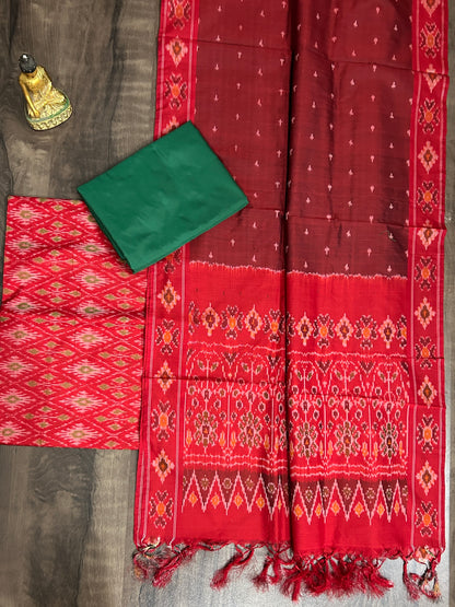 Red Green Ikat Handloom Pure Silk Cotton Dress Material *