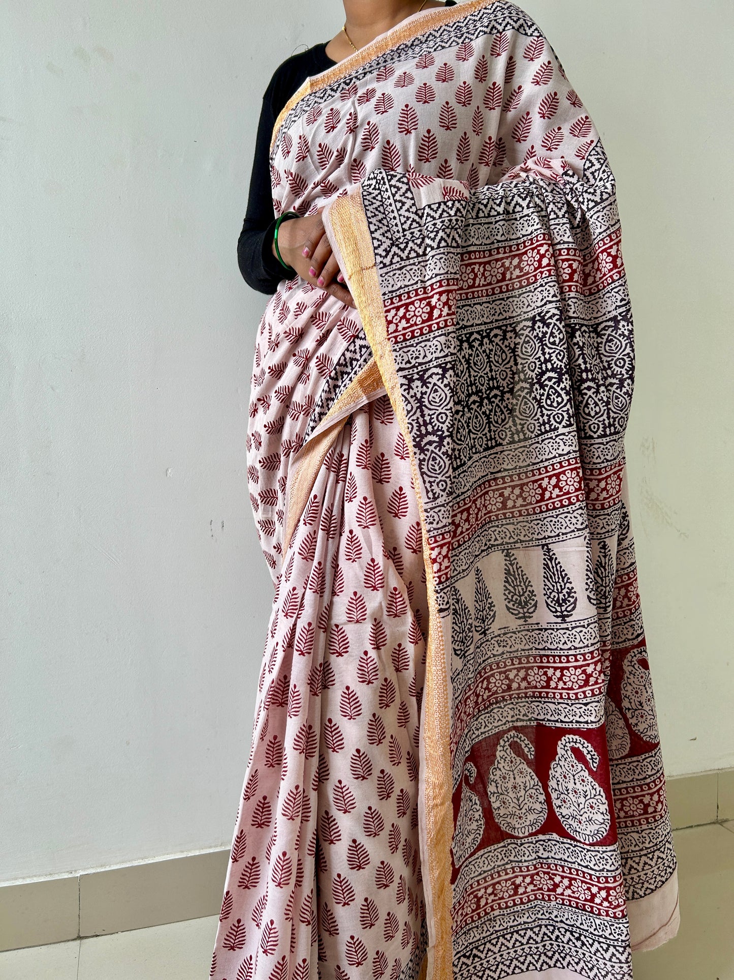 Bagh Print Cotton Saree with zari Border
