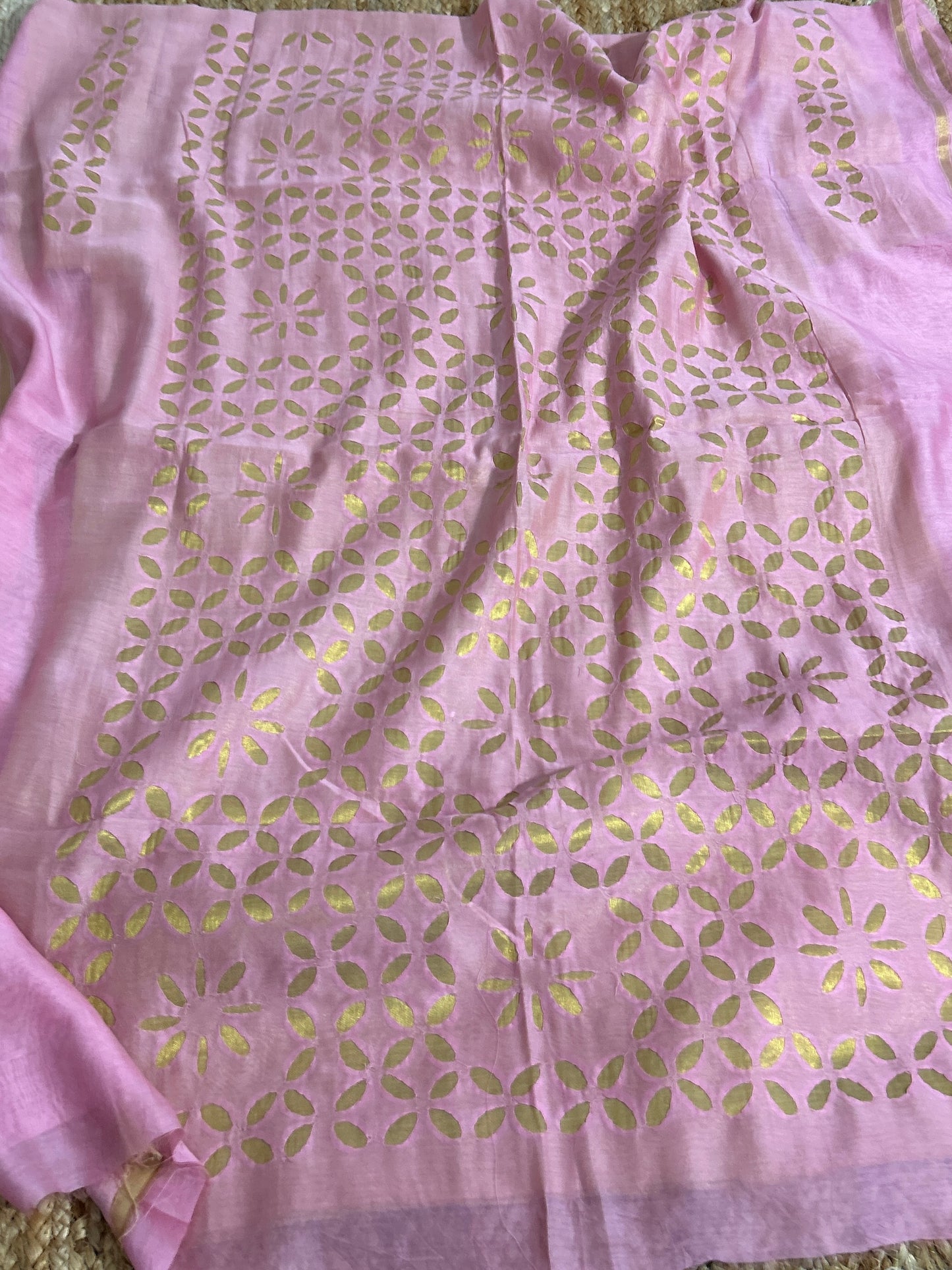 Pink Appliqué Work Chanderi Silk Kurti Fabric