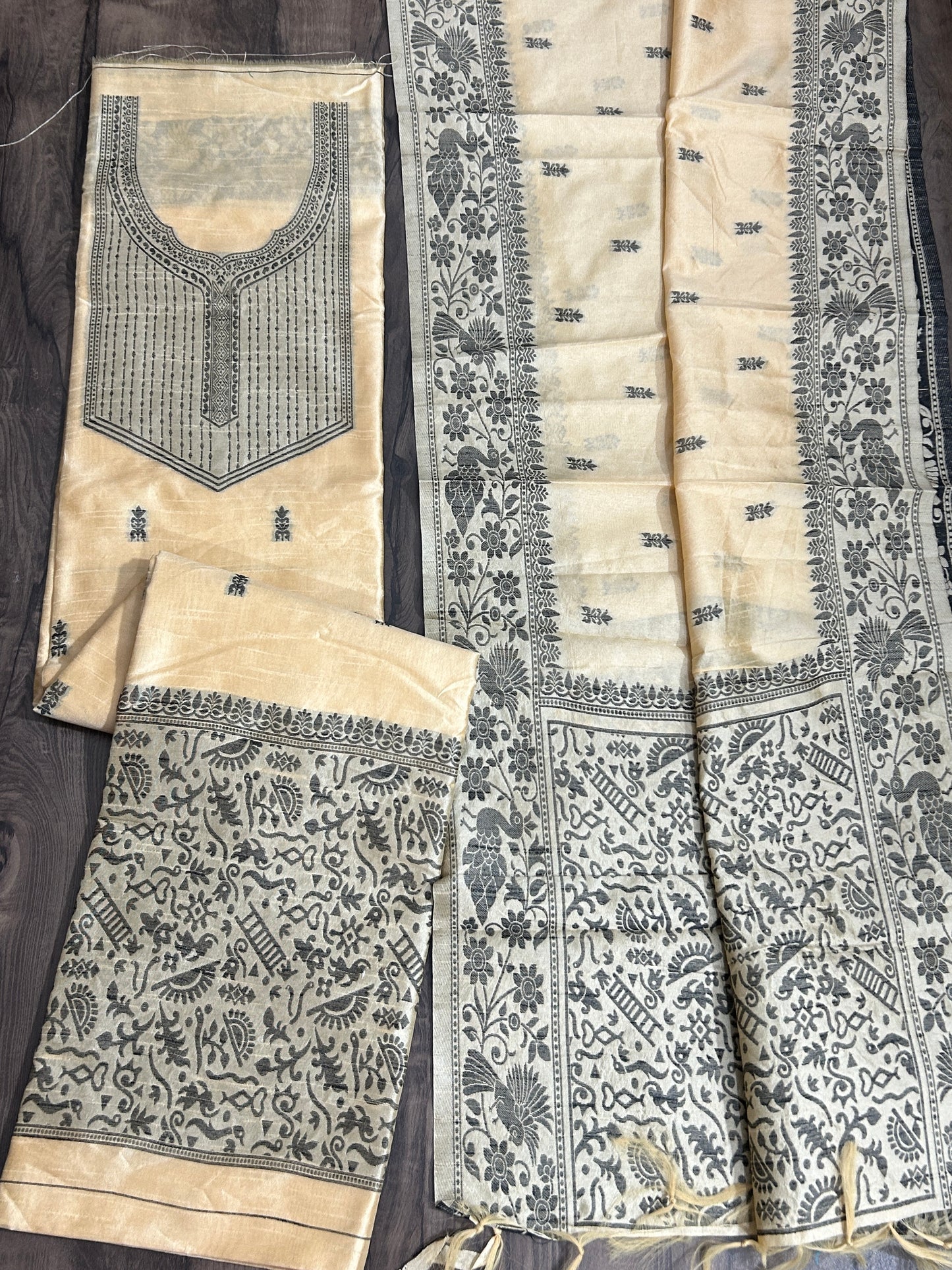 Blend raw silk dress material with all over weaving