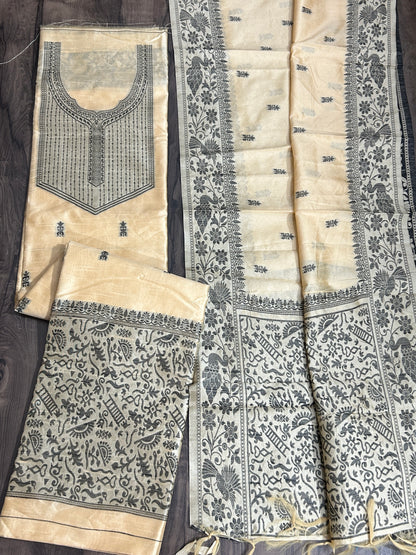Blend raw silk dress material with all over weaving