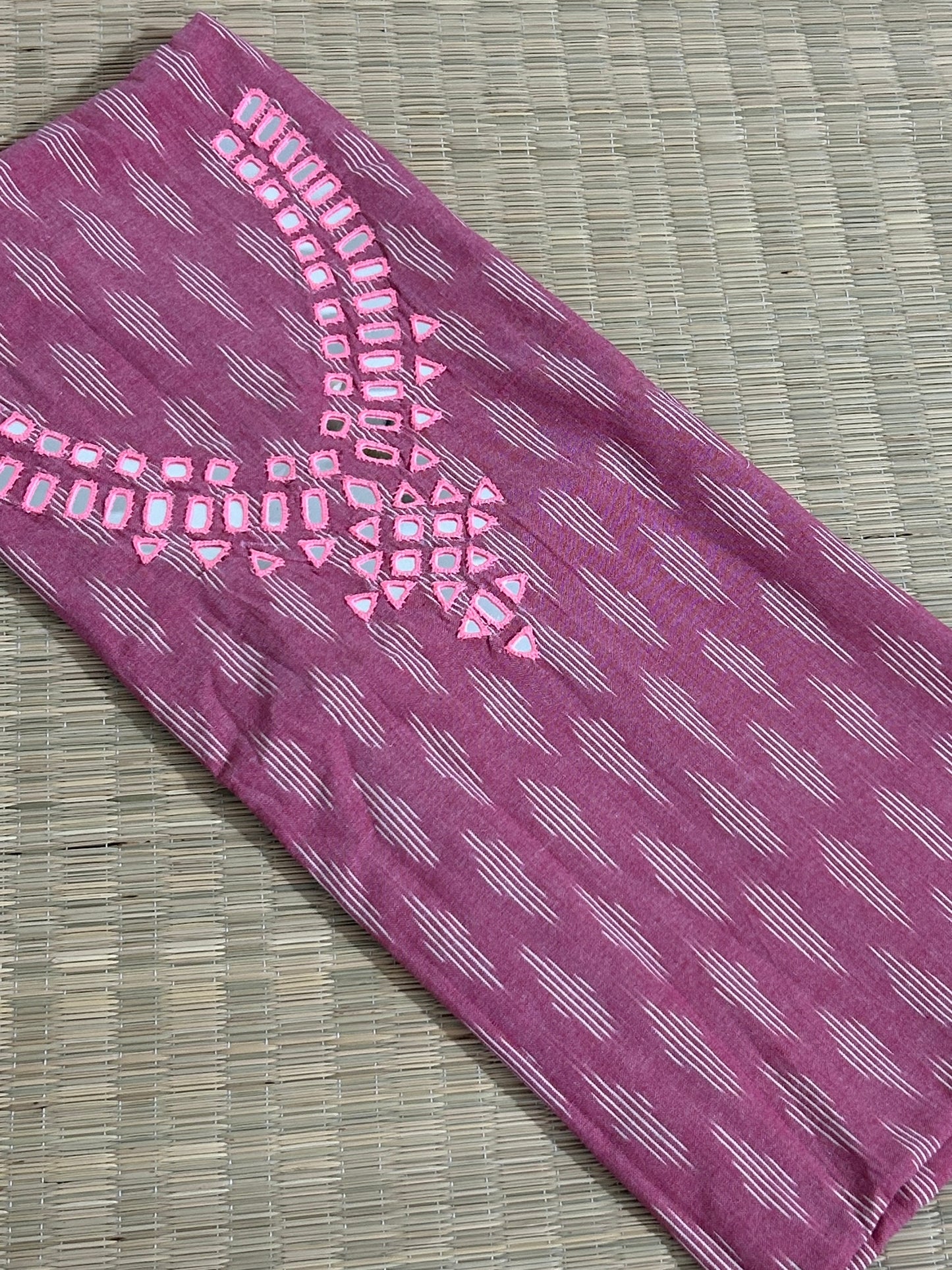 Peach Mirror Work Ikat Cotton Unstitched Kurti