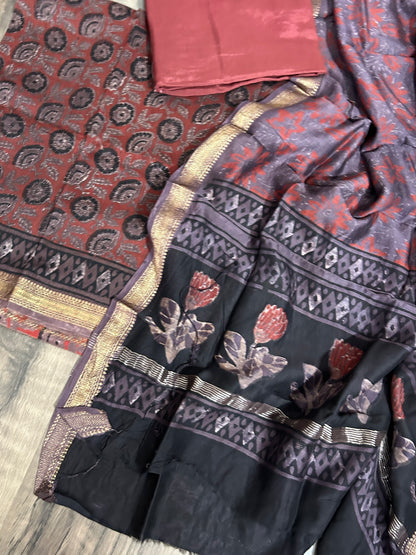 Hand Block Print Maheshwari Silk Dress Material with Shantoon Bottom