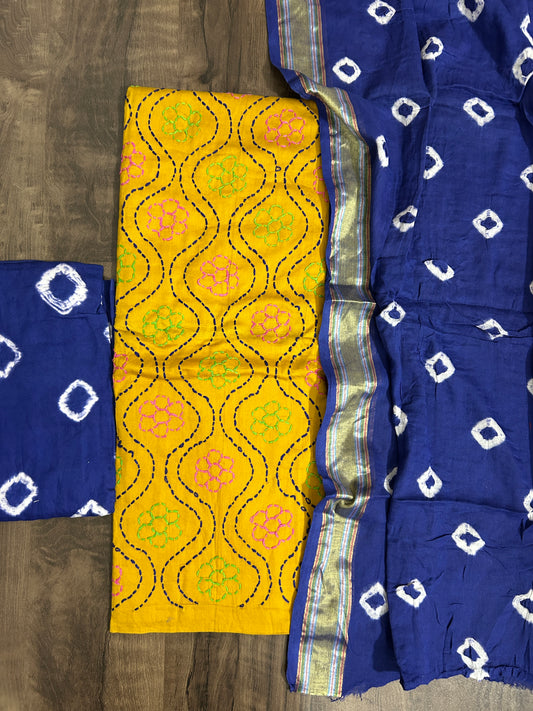 Embroidered Cotton Bandhej Dress Material