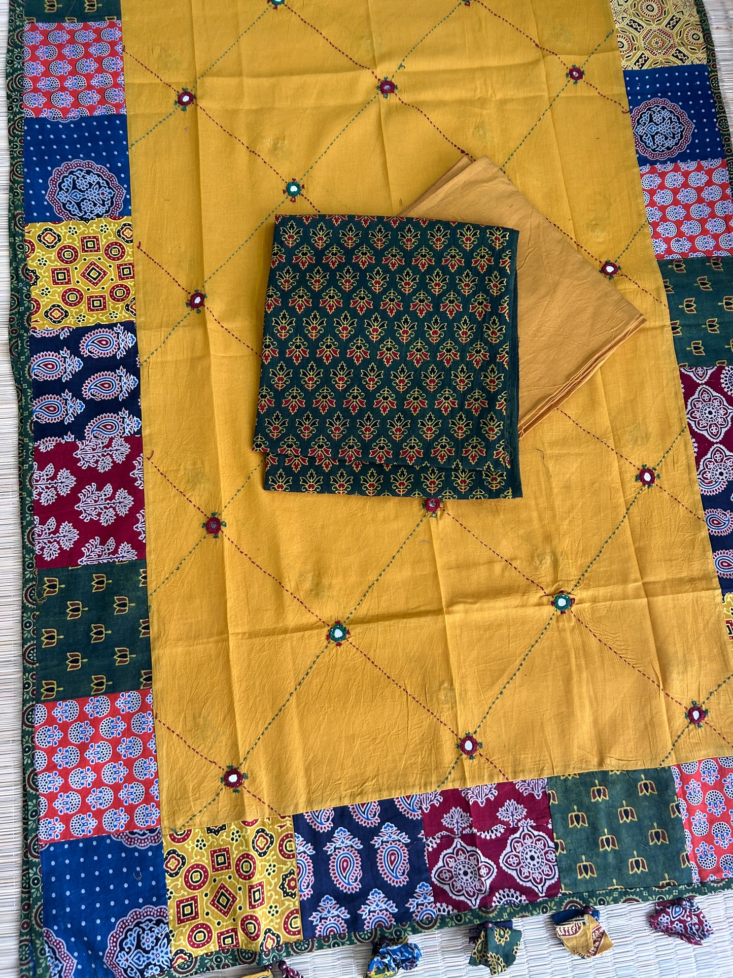 Ajrakh Cotton Dress Material with Mirror work Dupatta