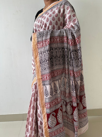 Bagh Print Cotton Saree with zari Border