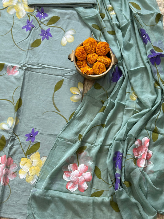 Hand Painted Cotton Dress Material with Chiffon Dupatta