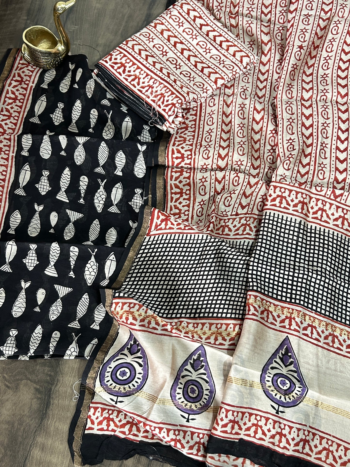 Hand Block Printed Chanderi Silk Cotton Dress Material with Shantoon Bottom