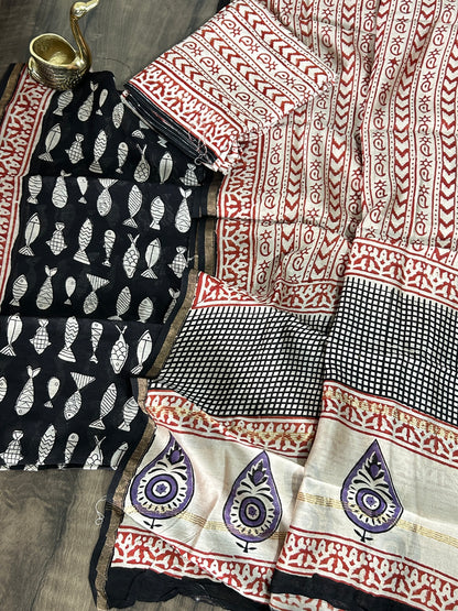 Hand Block Printed Chanderi Silk Cotton Dress Material with Shantoon Bottom