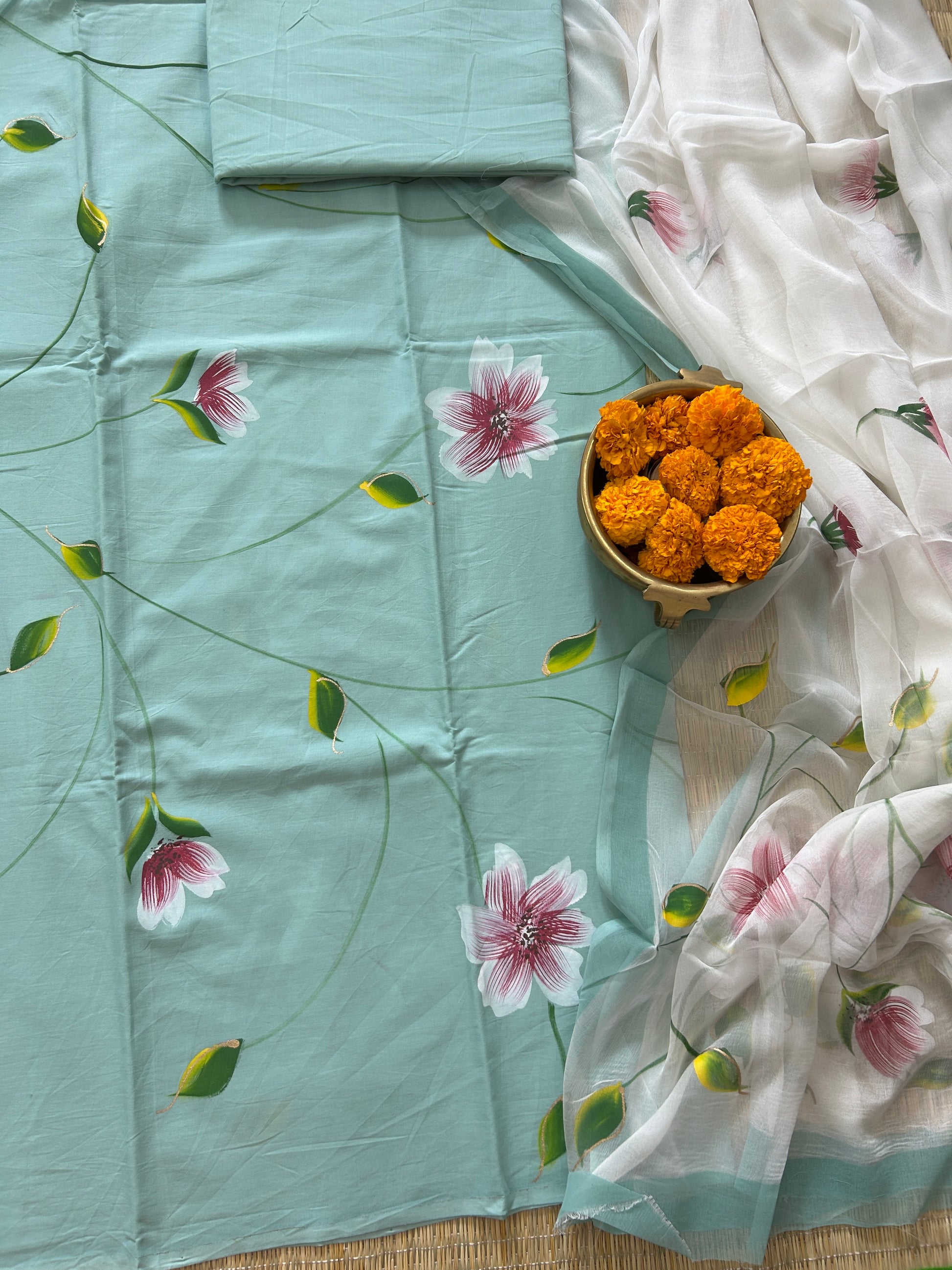 Hand Painted Cotton Dress Material with Chiffon dupatta