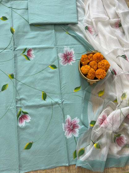 Hand Painted Cotton Dress Material with Chiffon dupatta