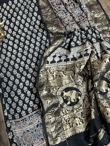 Ajrakh Dola Silk Dress Material wth Banarasee Border Dupatta