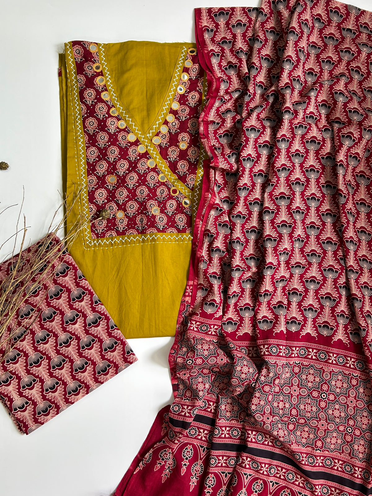 Ajrakh Cotton Dress Material with Original Mirror Work
