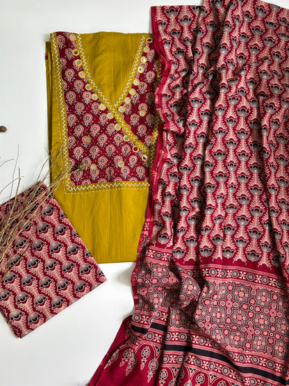 Ajrakh Cotton Dress Material with Original Mirror Work