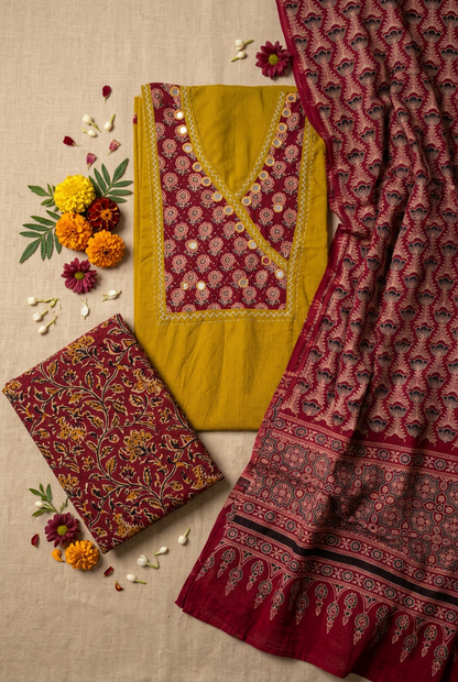 Ajrakh Cotton Dress Material with Original Mirror Work