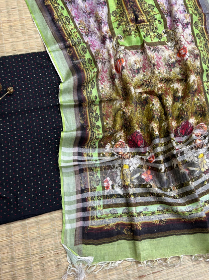 Handloom Cotton Weaving Bootis Top with Linen Dupatta