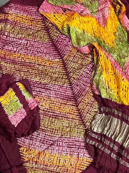 Maroon Multi Coloured Shibori Modal Silk Dress Material