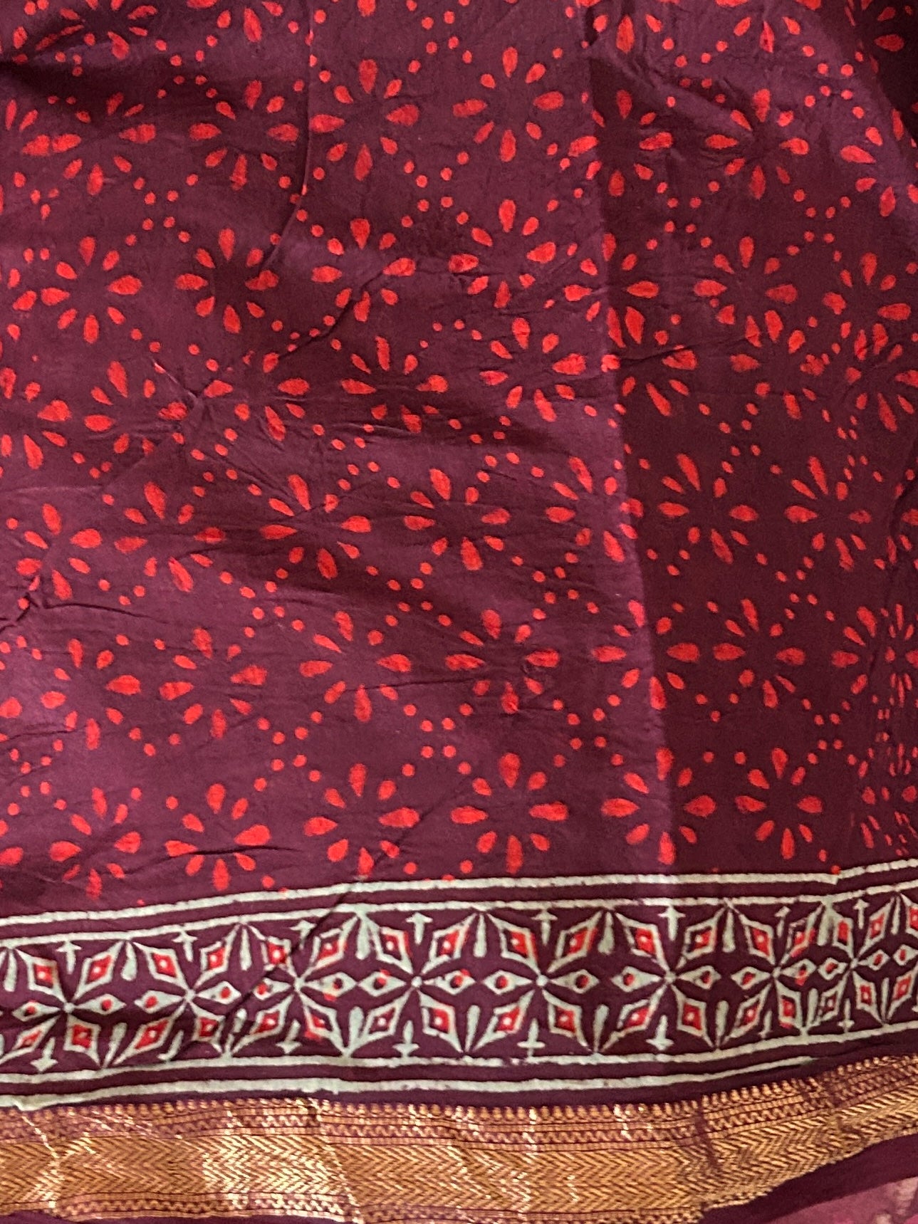 Ajrakh Maheshwari Silk Cotton Saree with Gold zari Border