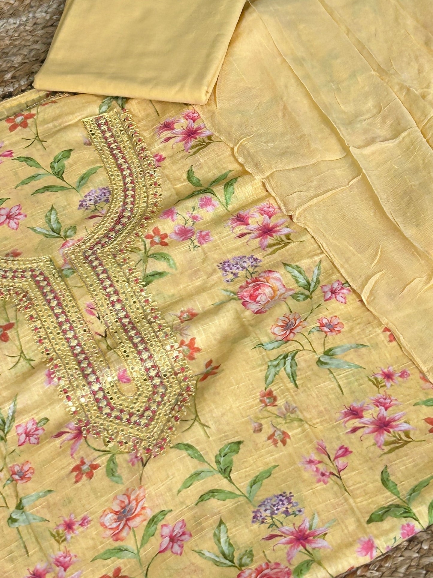 Linen Cotton HandWork Dress Material with Chiffon Dupatta