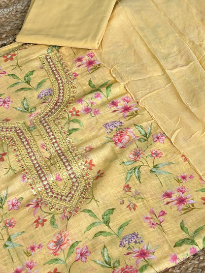 Linen Cotton HandWork Dress Material with Chiffon Dupatta