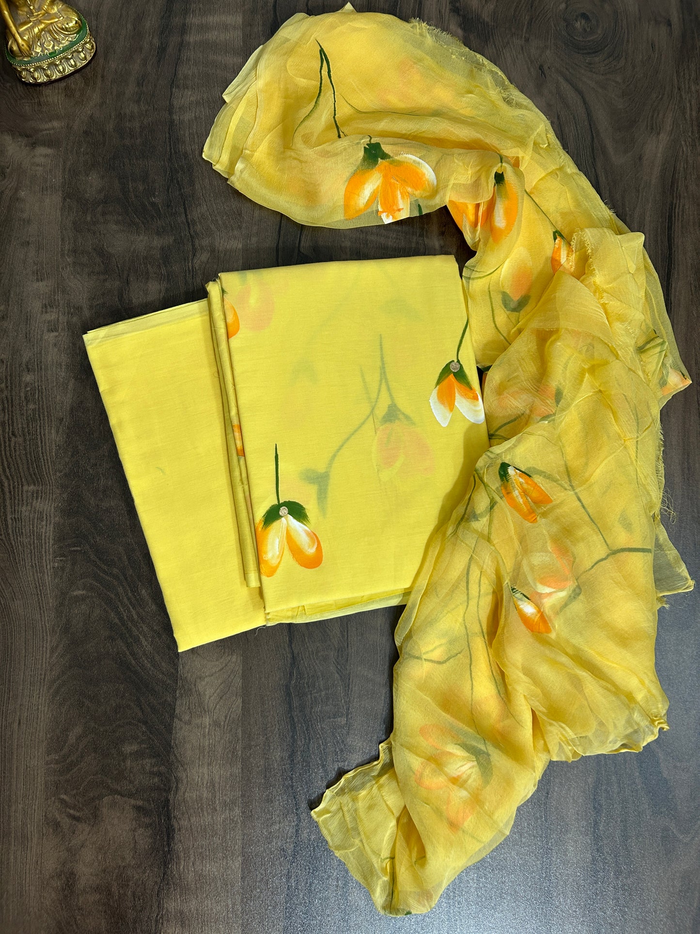 Hand Painted Cotton Dress Material with Chiffon Dupatta