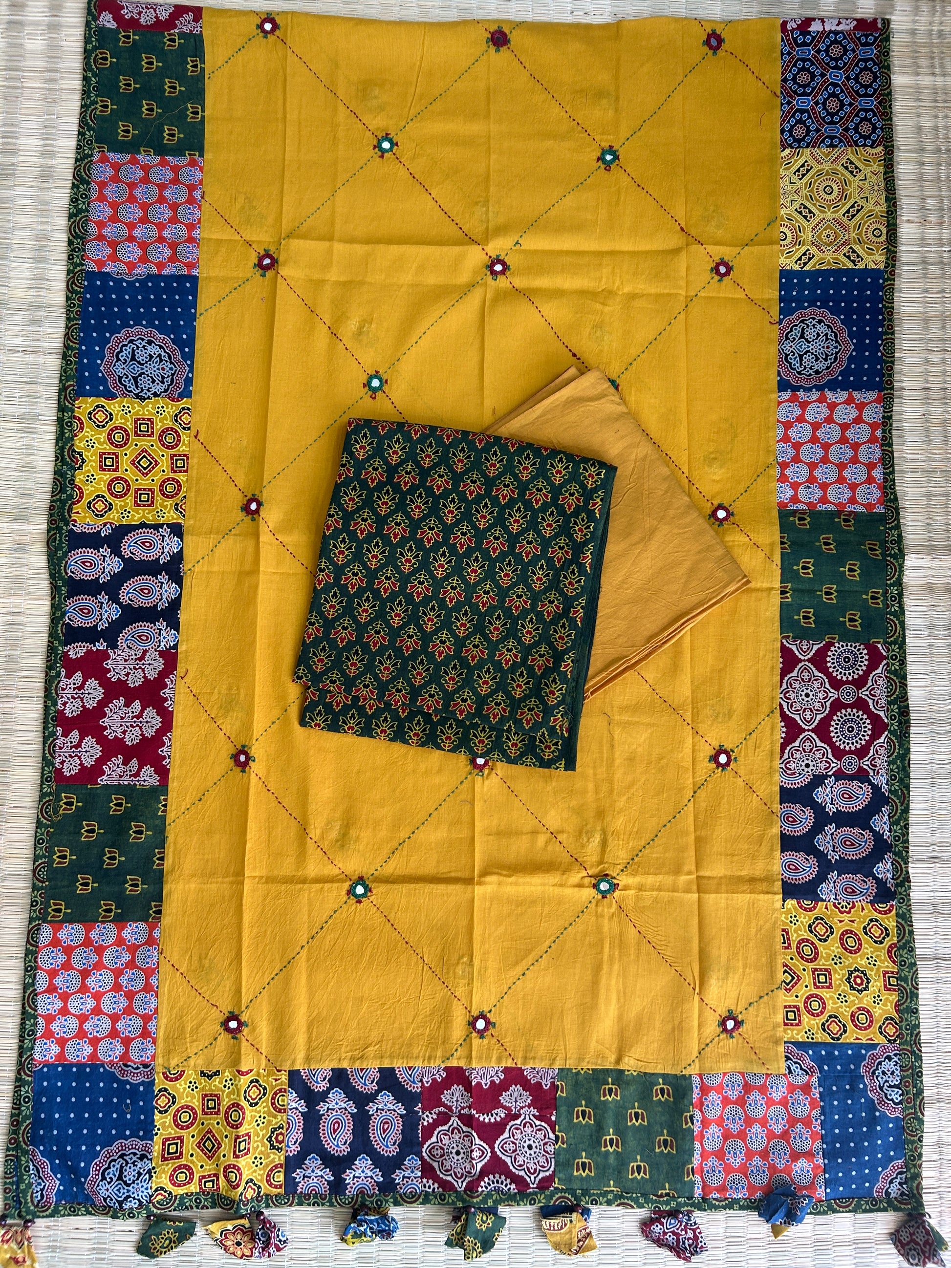 Ajrakh Cotton Dress Material with Mirror work Dupatta