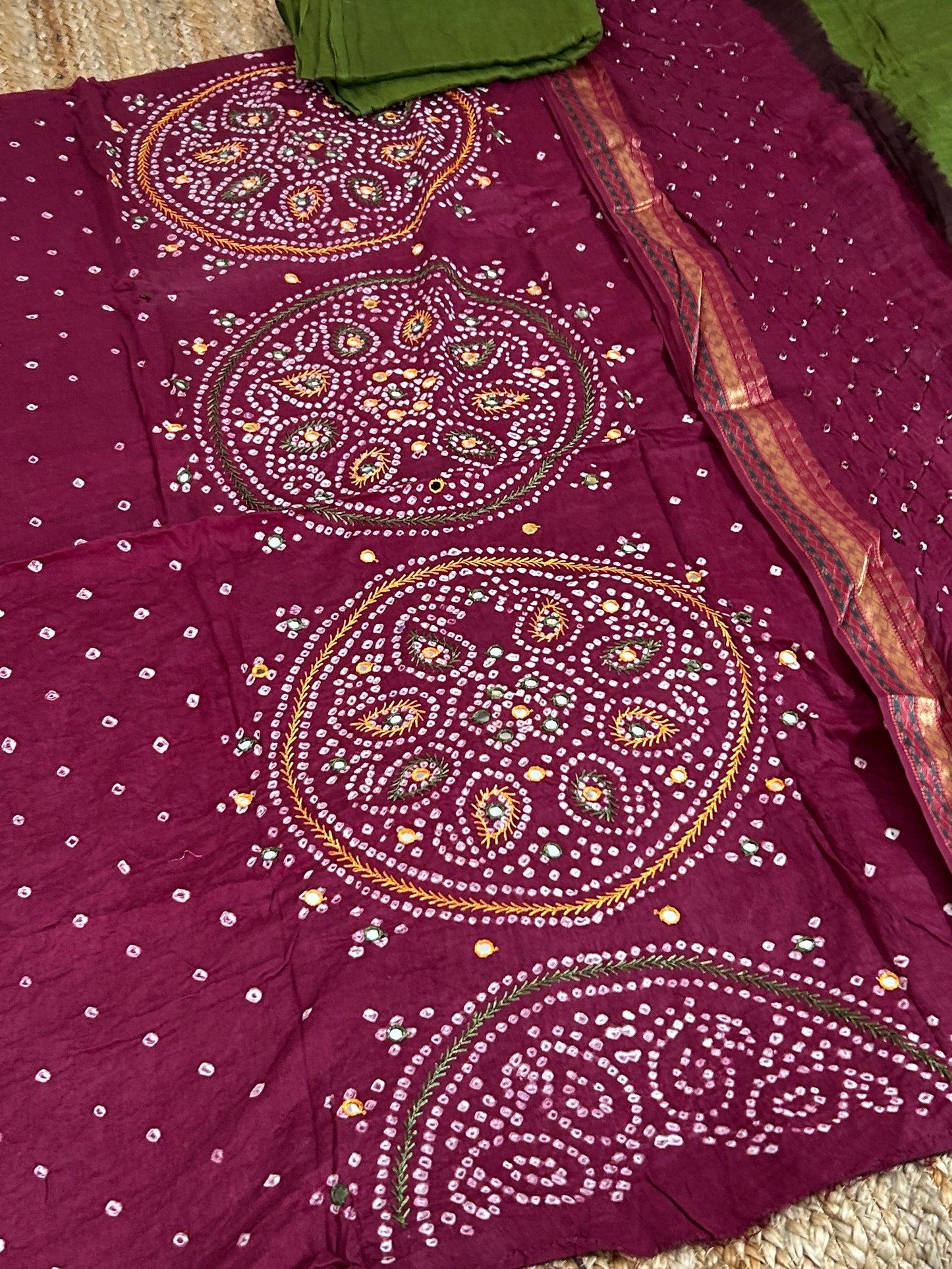 Bandhej HandWork and Mirror Work Cotton Dress Material