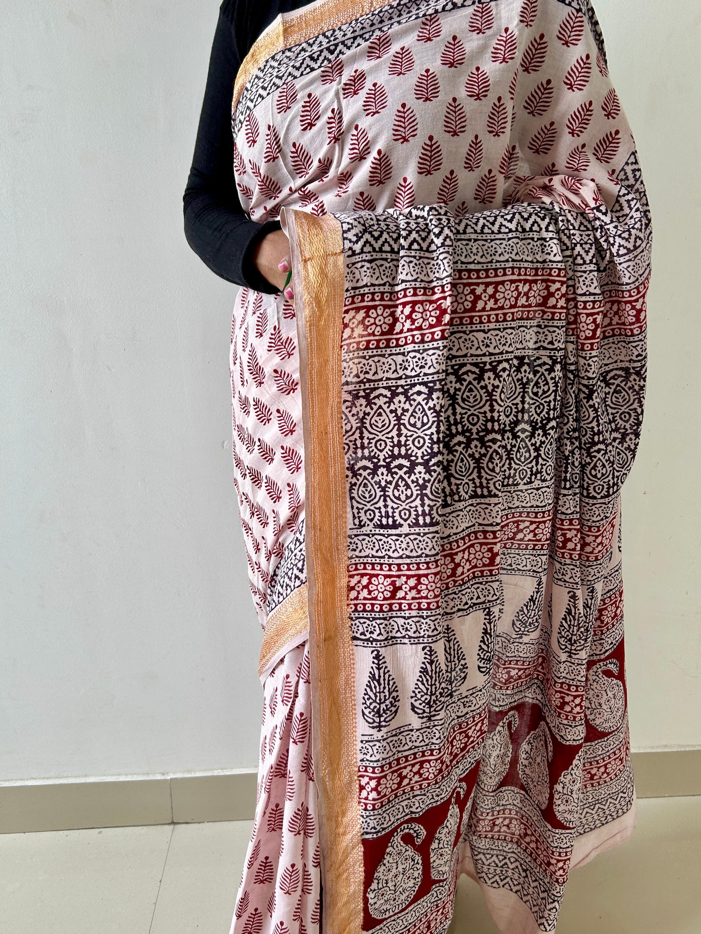 Bagh Print Cotton Saree with zari Border
