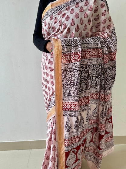 Bagh Print Cotton Saree with zari Border