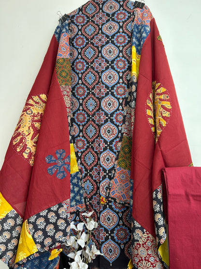 Ajrakh Cotton Dress Material with Mirror work Dupatta