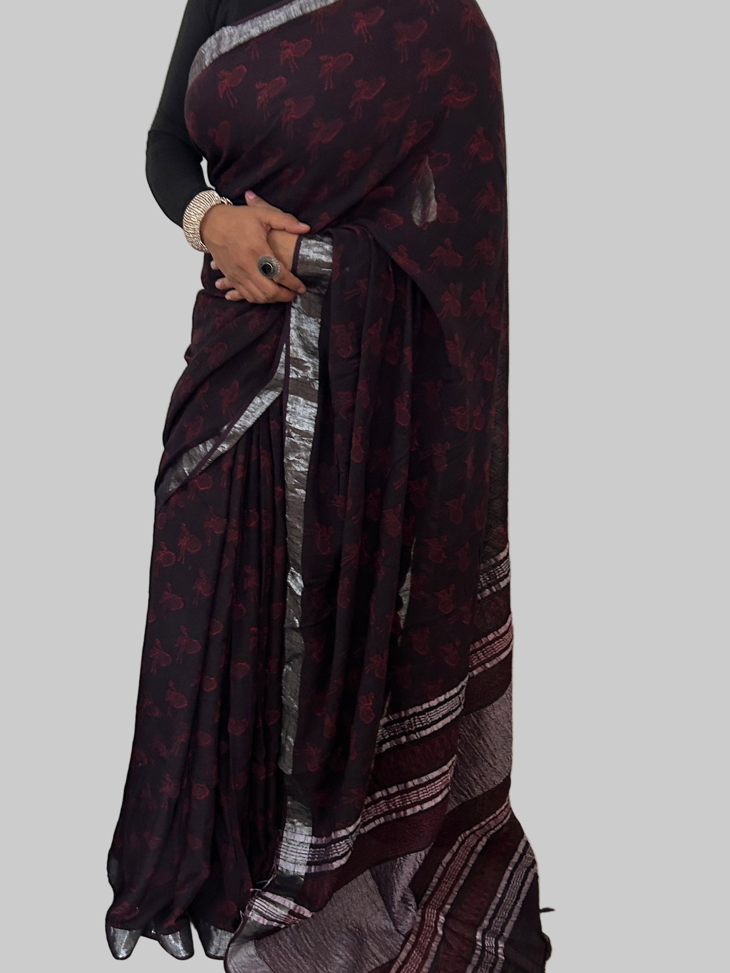Akola Hand BlockPrint Linen Cotton Saree with Silver Border