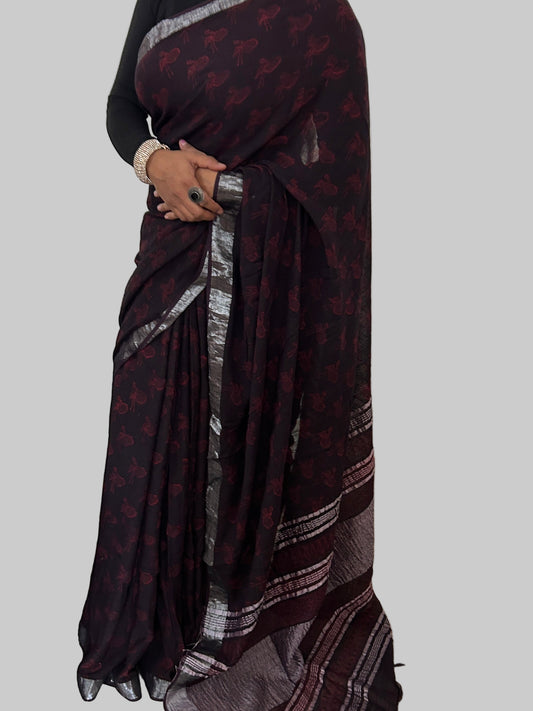 Akola Hand BlockPrint Linen Cotton Saree with Silver Border