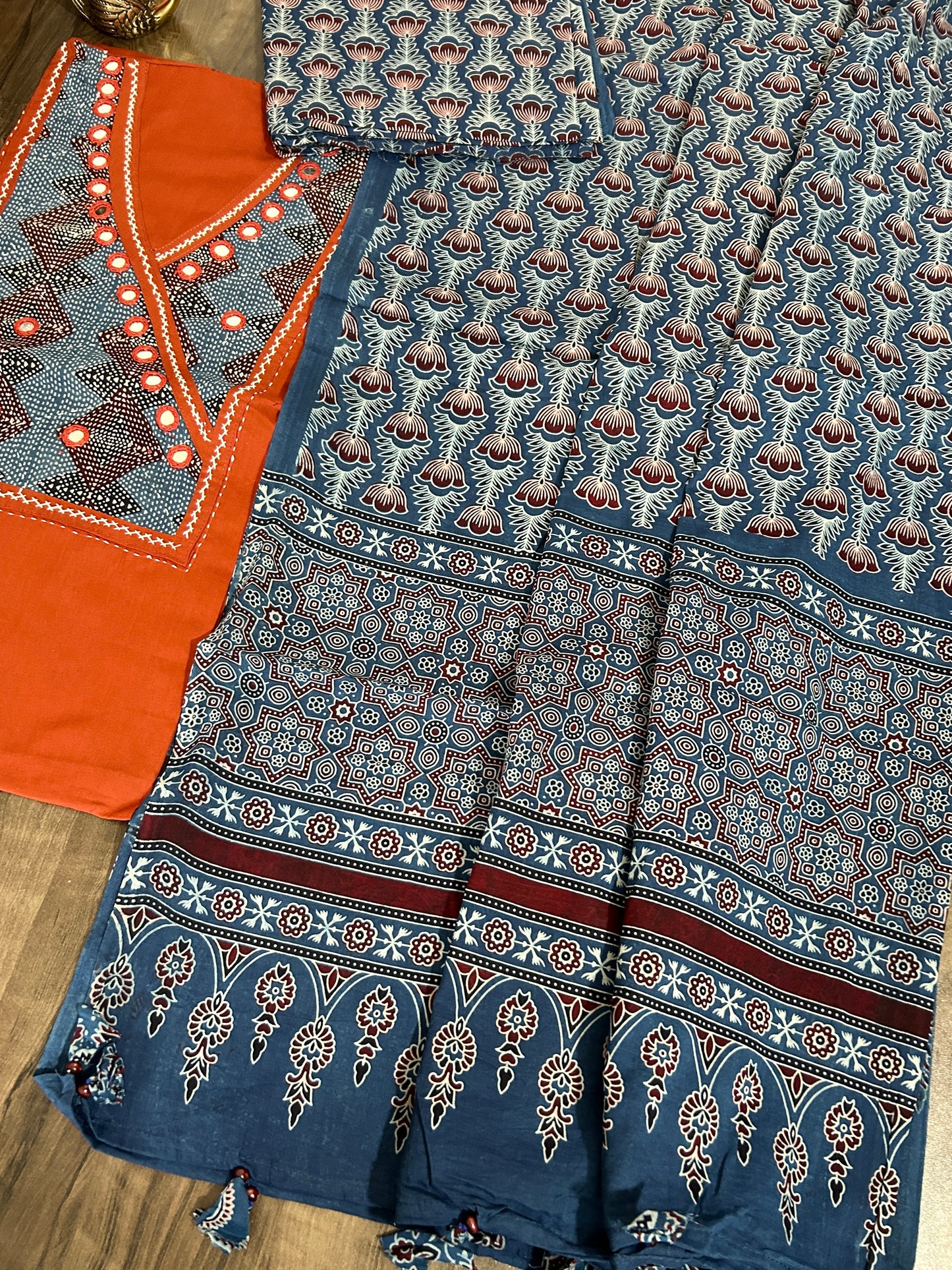 Ajrakh Cotton Dress Material with Original Mirror Work