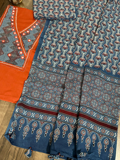 Ajrakh Cotton Dress Material with Original Mirror Work