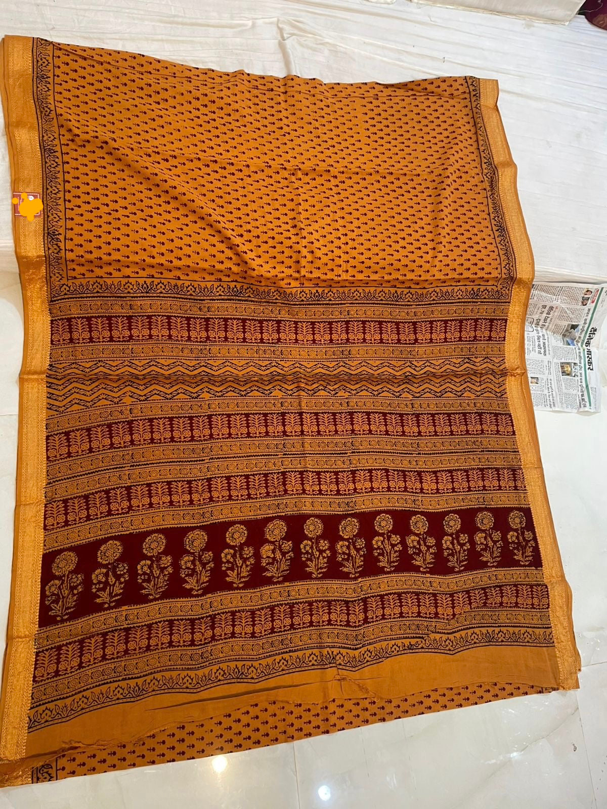 Bagh Print Cotton Saree with zari Border