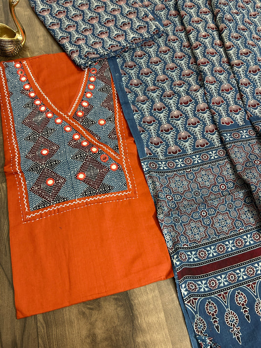 Ajrakh Cotton Dress Material with mirror work