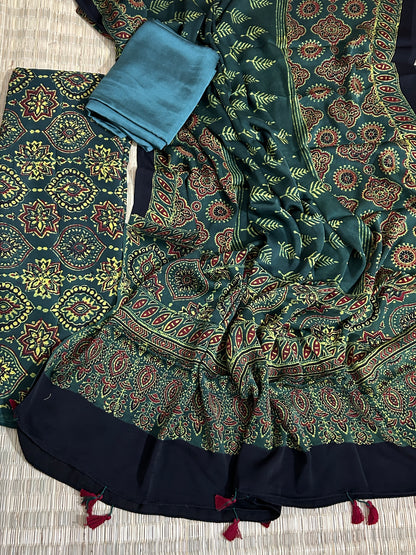 Green Ajrakh Modal Dress Material