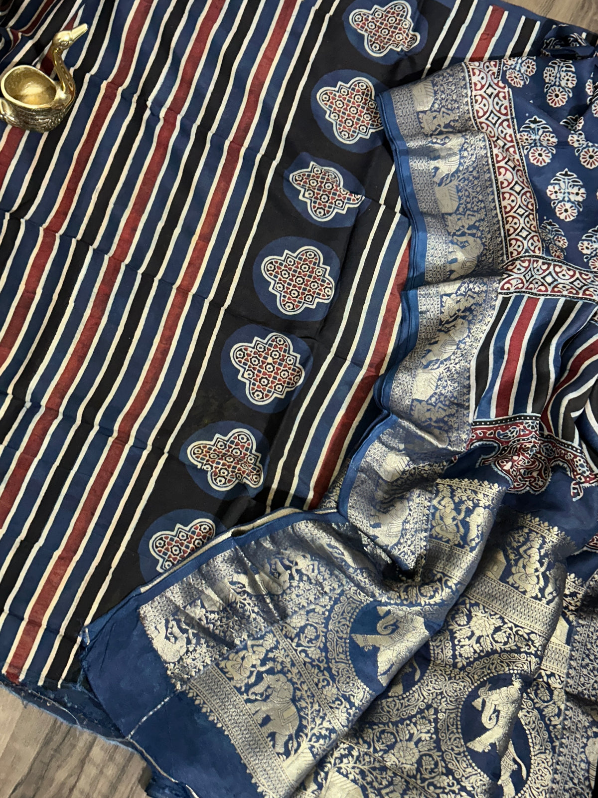 Ajrakh Dola Silk Dress Material wth Banarasee Border Dupatta