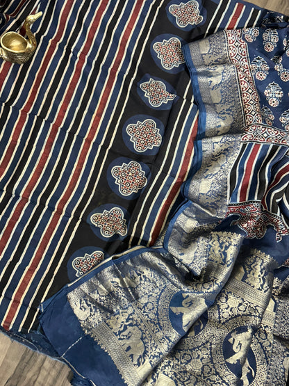 Ajrakh Dola Silk Dress Material wth Banarasee Border Dupatta