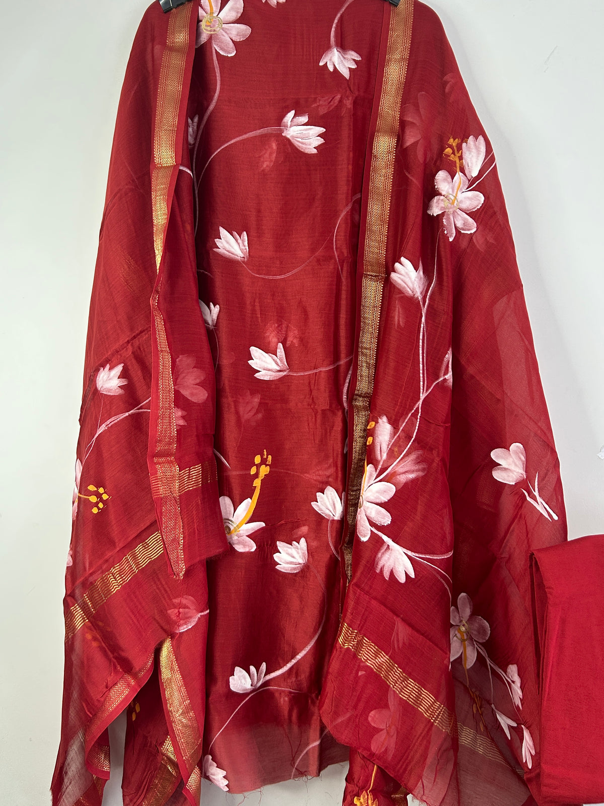 Deep Red Hand Painted Maheshwari Silk Dress Material with Shantoon Bottom