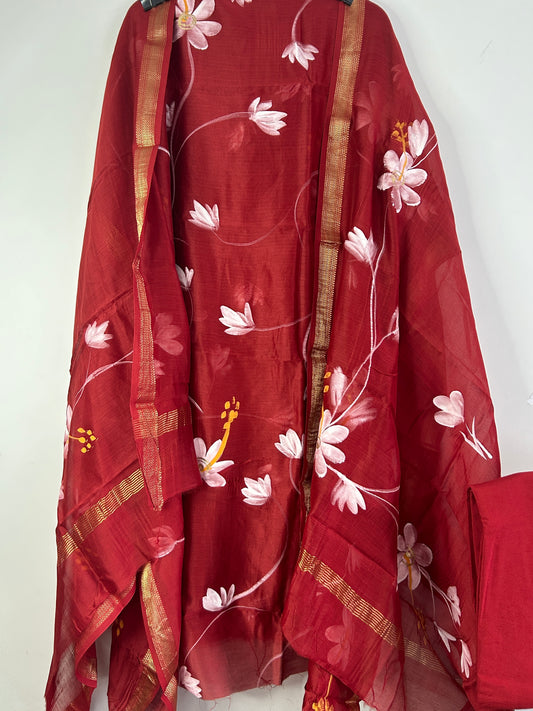 Deep Red Hand Painted Maheshwari Silk Dress Material with Shantoon Bottom