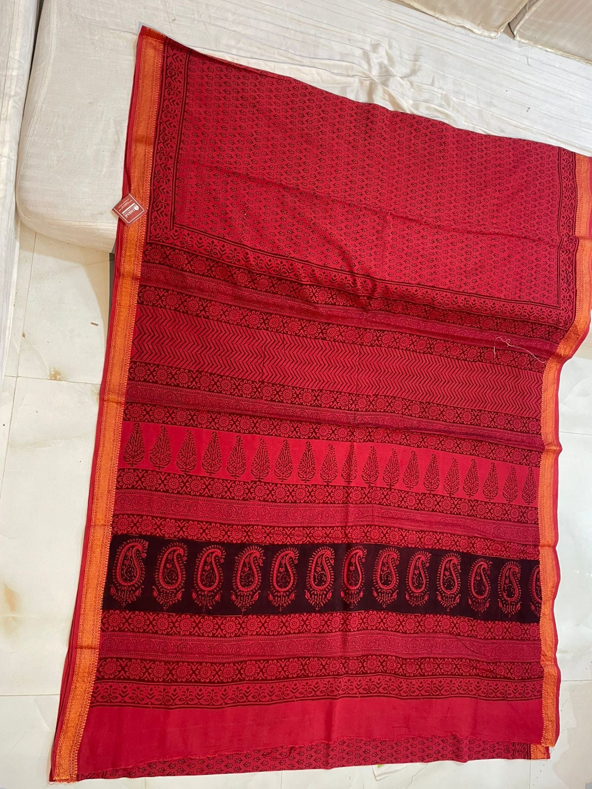 Bagh Print Cotton Saree with Zari Border