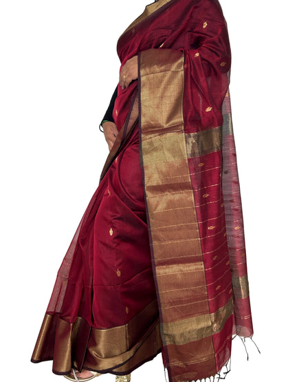 Maroon Maheshwari Silk Cotton Handloom Saree with Blouse