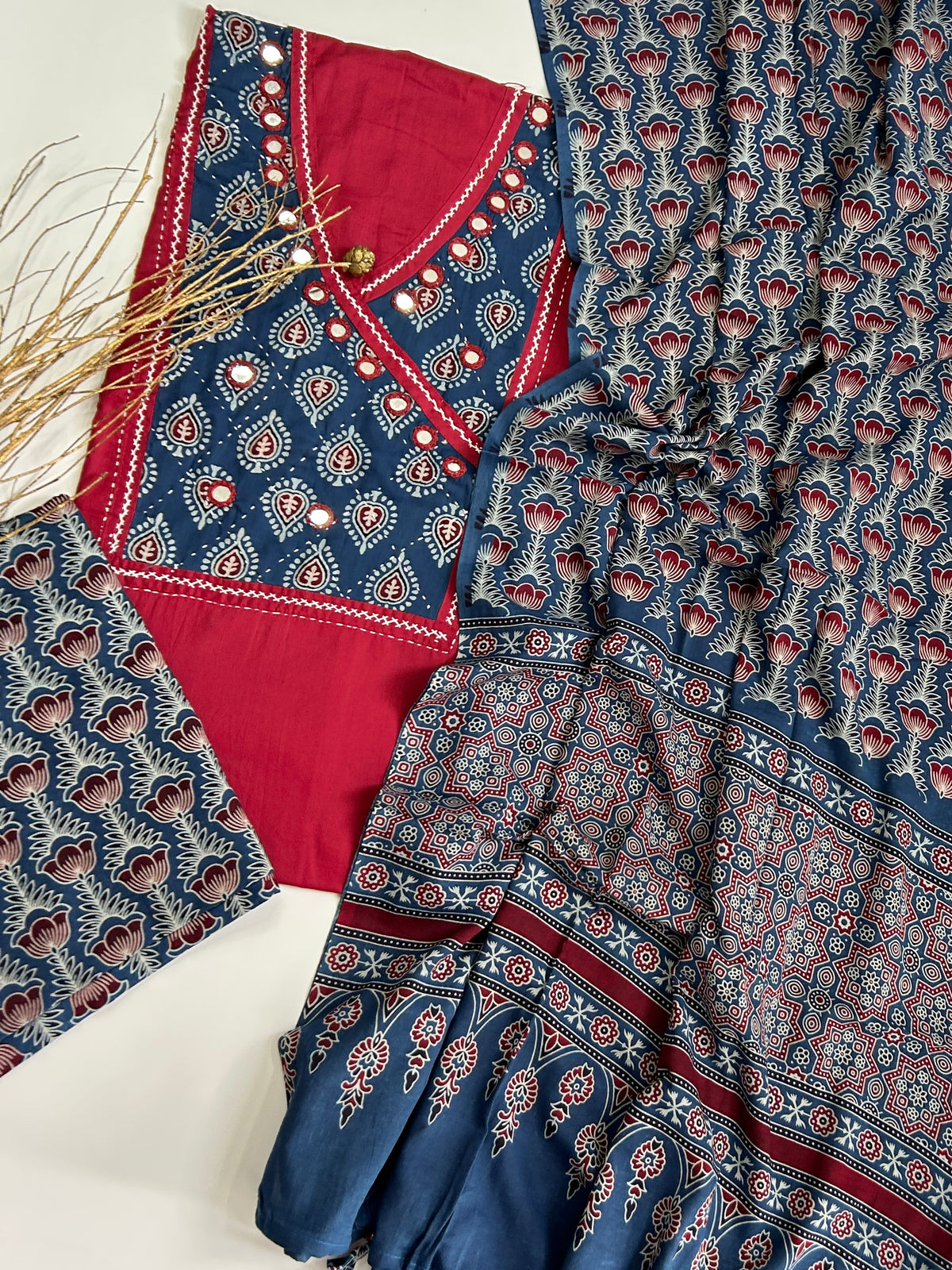 Ajrakh Cotton Dress Material with Original Mirror Work